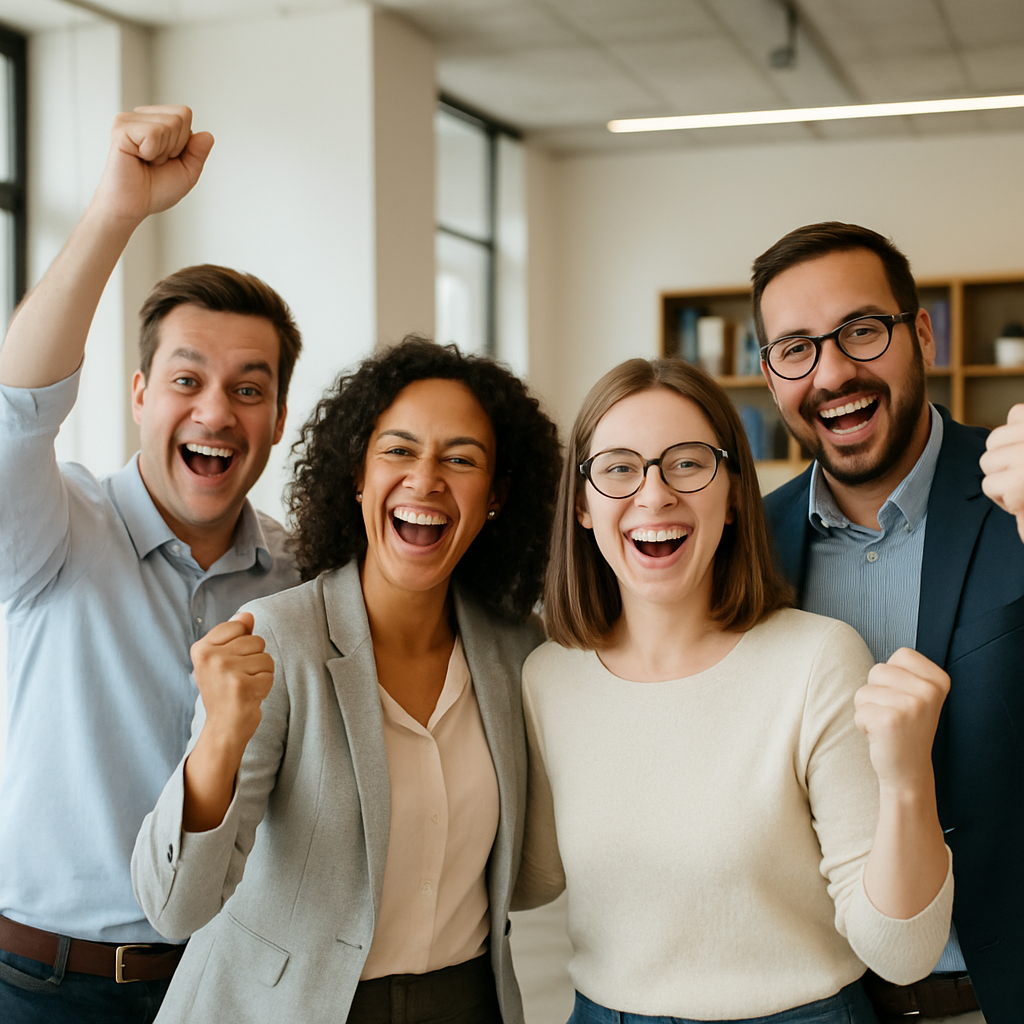 Genera una imagen donde este un grupo de personas de la empresa feliz-1