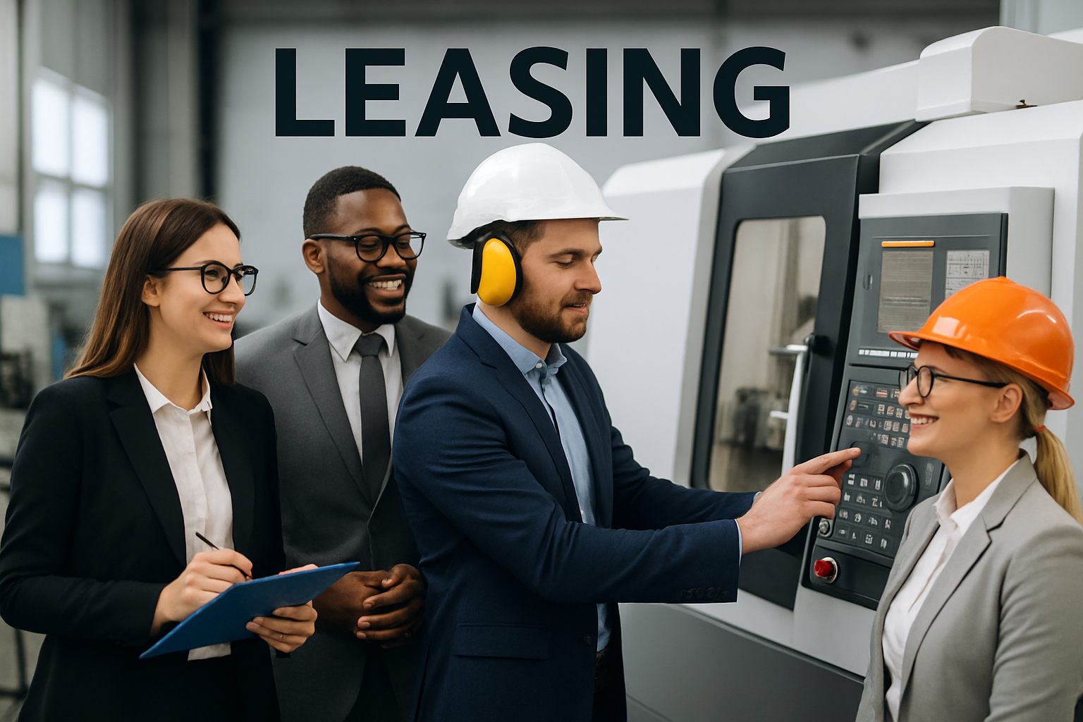 Equipo empresarial usando maquinaria adquirida a través de leasing