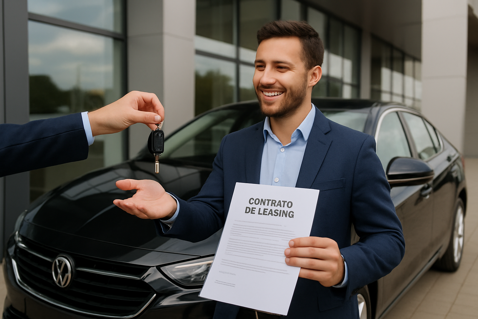 Persona recibiendo un vehículo nuevo gracias a un contrato de leasing